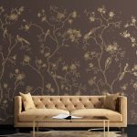 Elegant interior, living room with beige velvet sofa